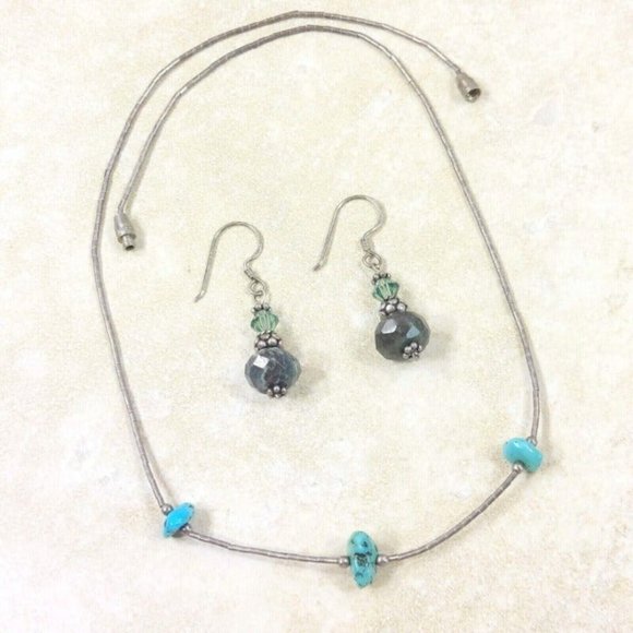 Silver Green Blue Jewelry Necklace Earrings Set Women Trinket Jewelry Gift VTG - Picture 10 of 11
